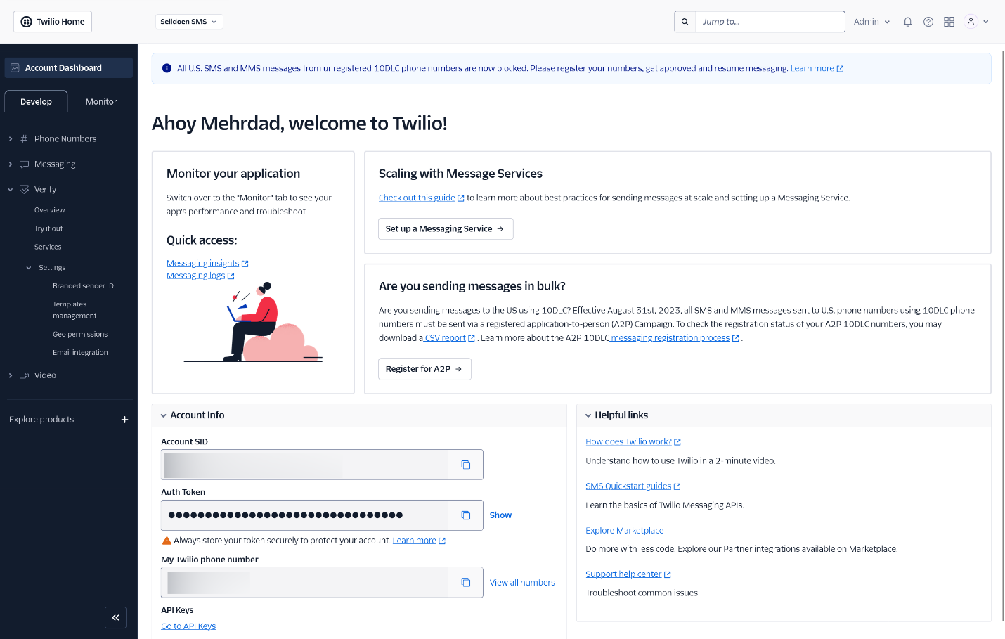 Twilio Console – Account Info section, where you can find your Account SID and Auth Token for API use.