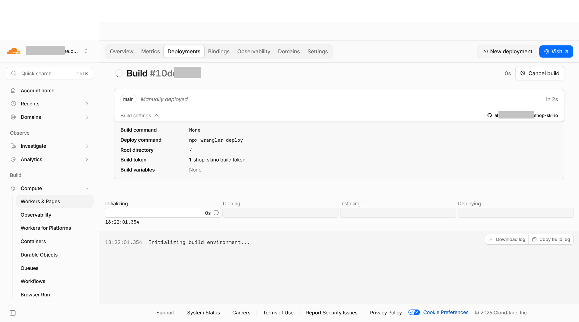 Cloudflare deployment log showing the build progress stages.