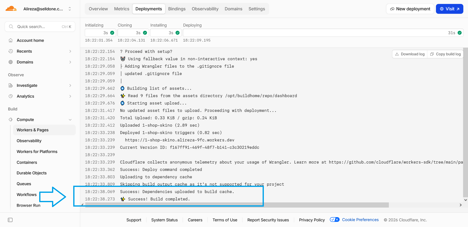 Successful Cloudflare build with a generated workers.dev URL.