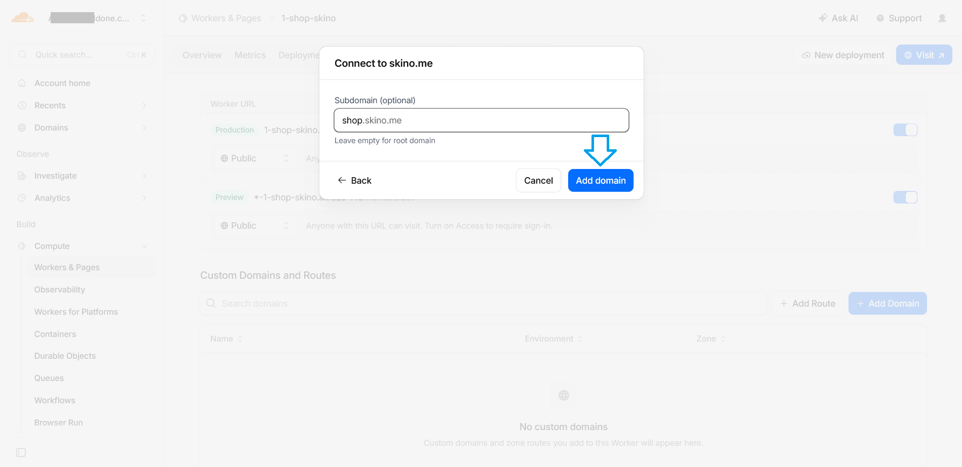 Cloudflare custom domain form accepting a main domain or subdomain.