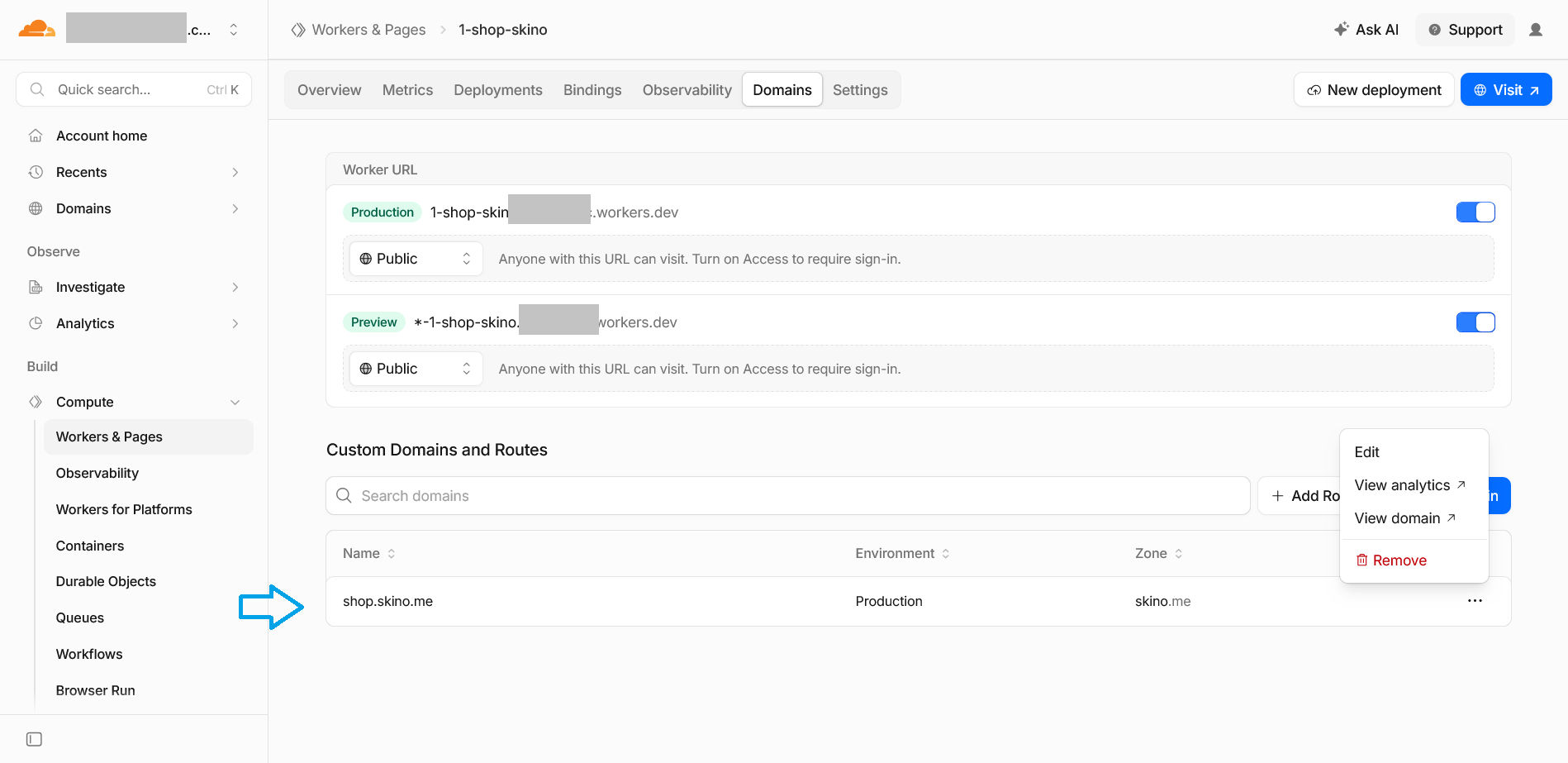 Cloudflare custom domain menu with the View domain action.