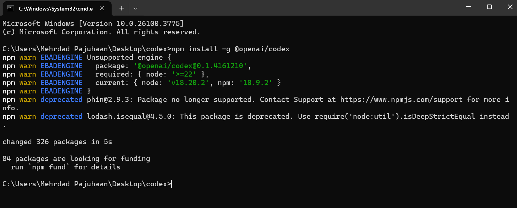 Insall Codex via npm