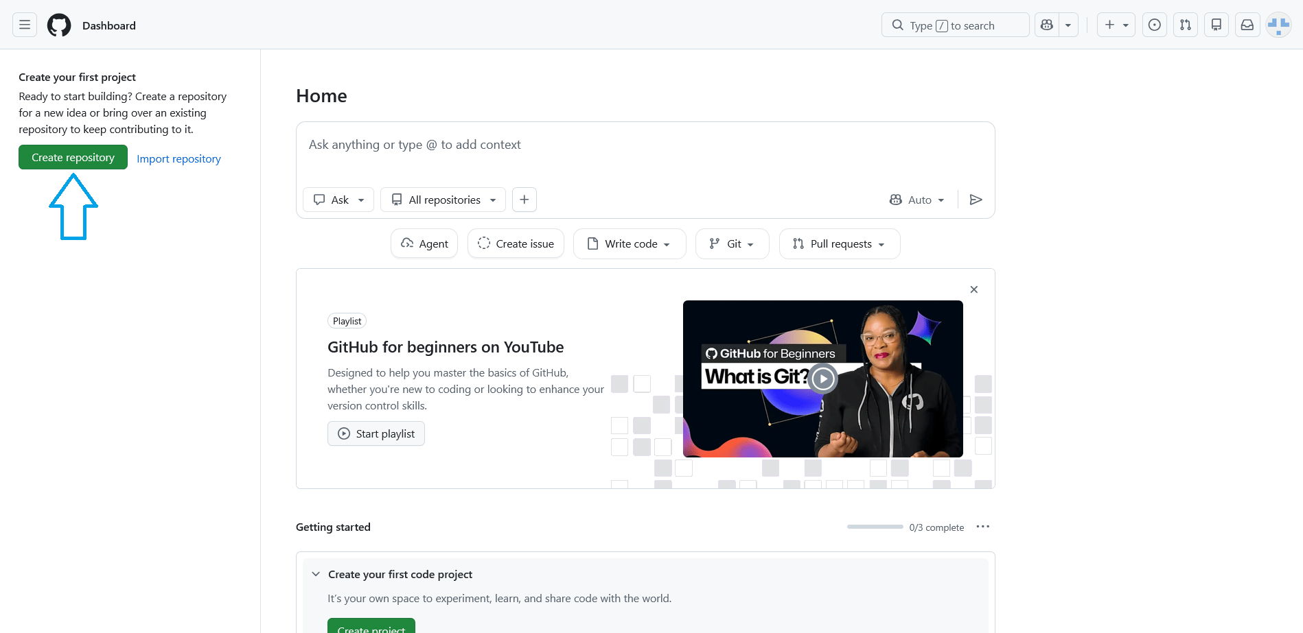 GitHub home page with the Create repository action highlighted.