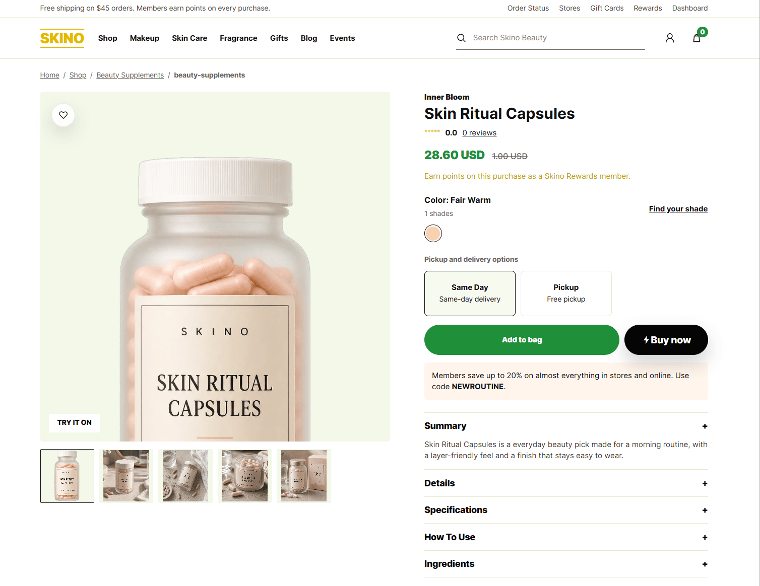 Genesis-created Skino storefront product page with a product gallery, pricing, purchase actions, and details.