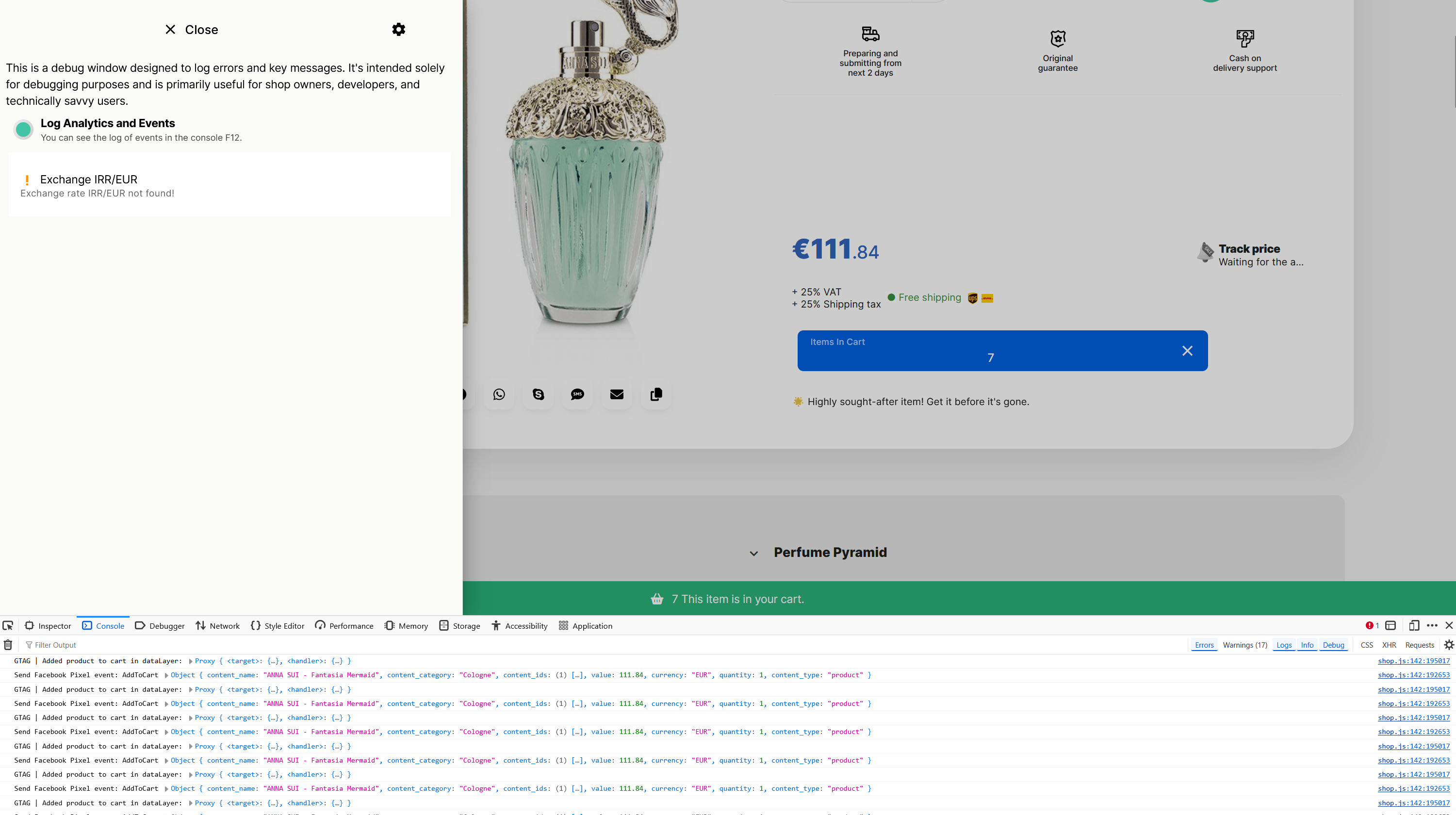 Shop Website - Enable Debug Log (Ctrl + D)