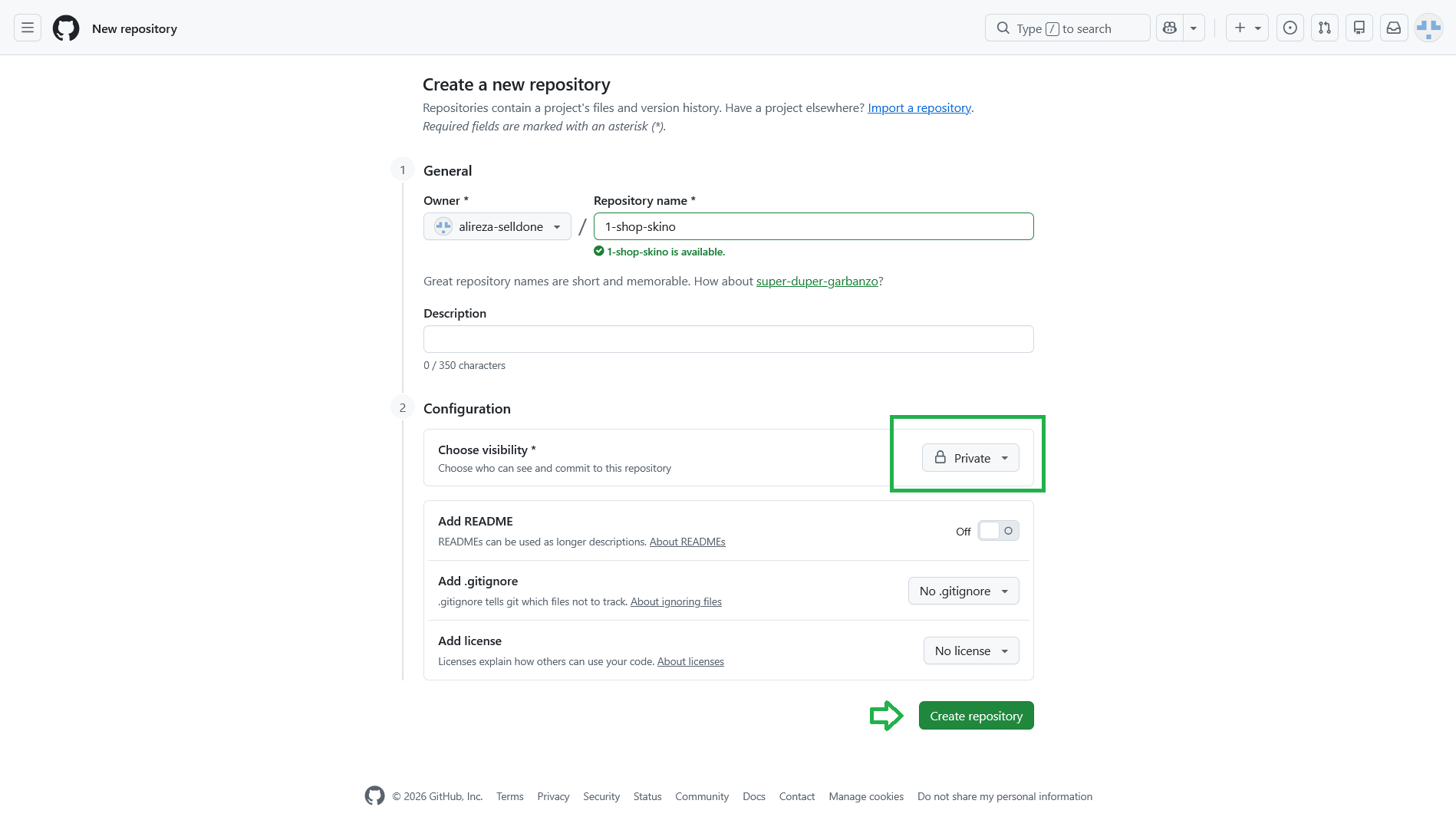 GitHub new repository form showing the repository name and visibility controls.