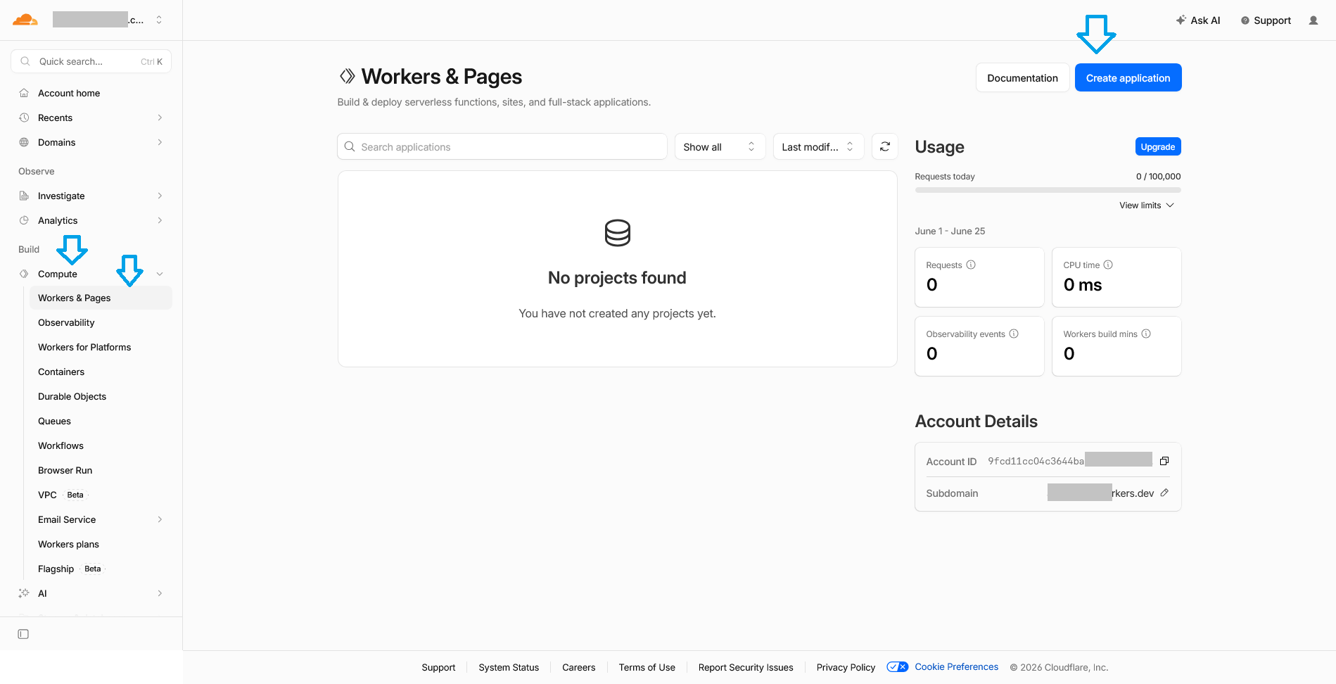 Cloudflare Workers & Pages screen with Create application selected.