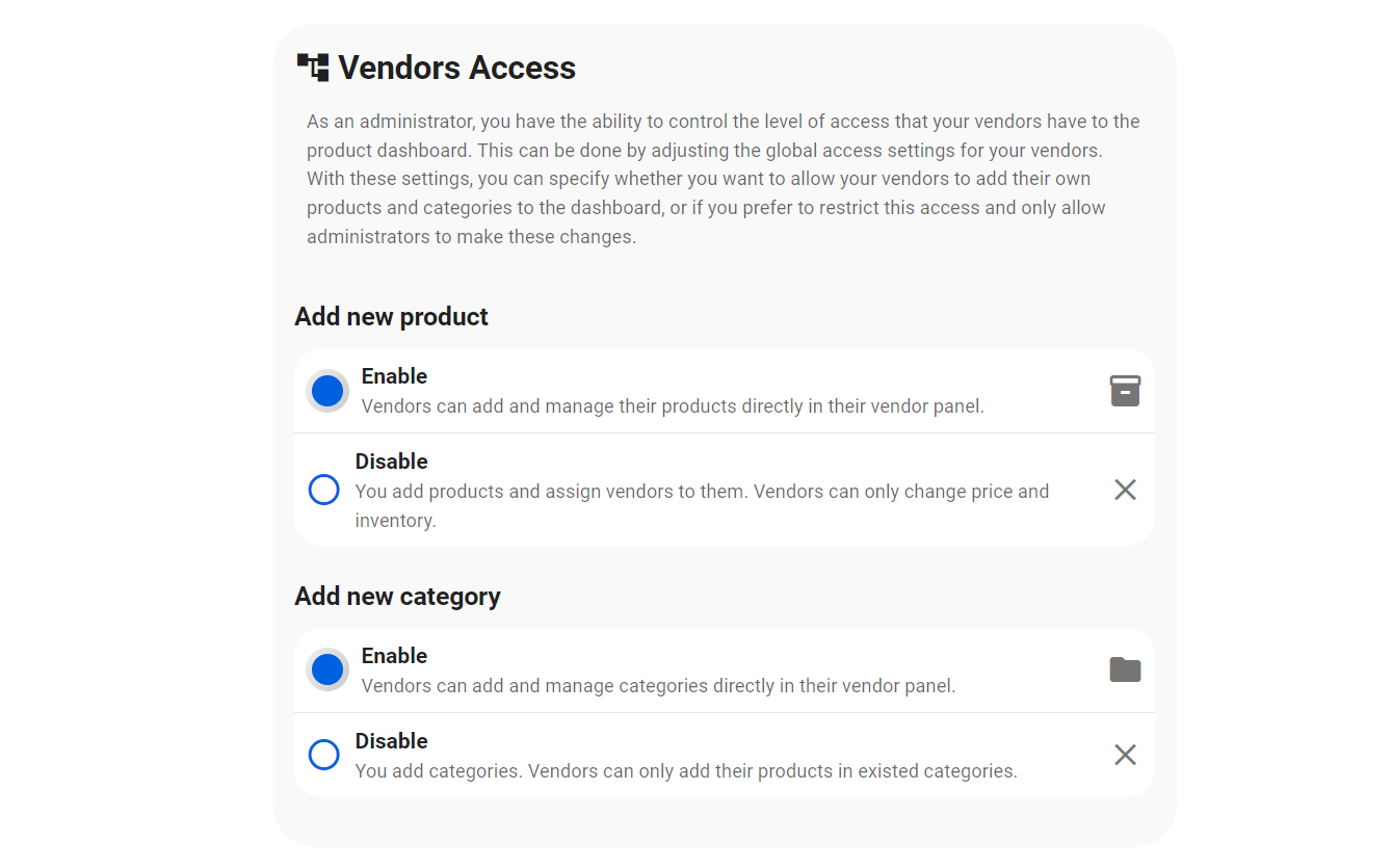 Marketplace settings > Set vendors can add products and categories in their vendors panel