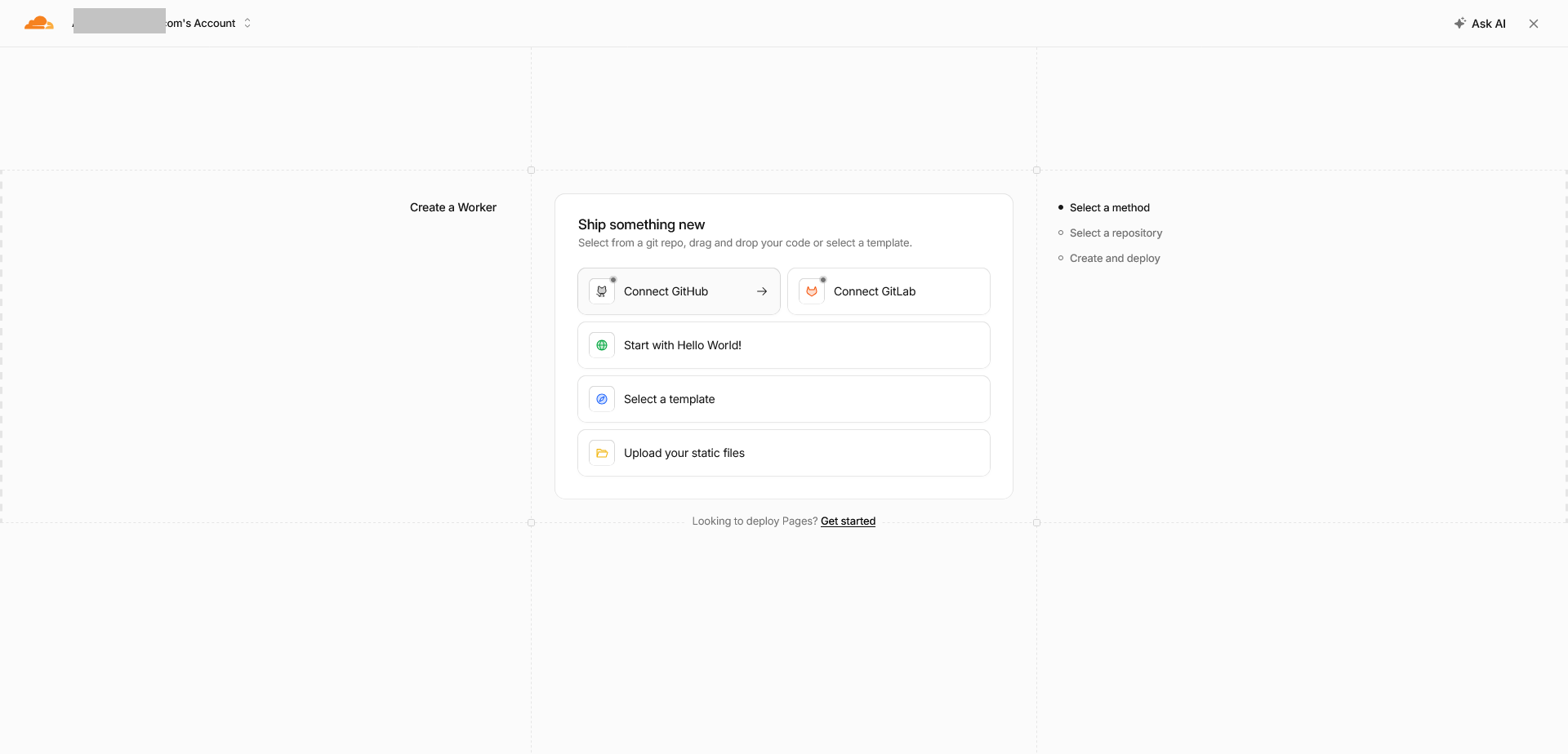 Cloudflare application creation screen with Connect GitHub selected.
