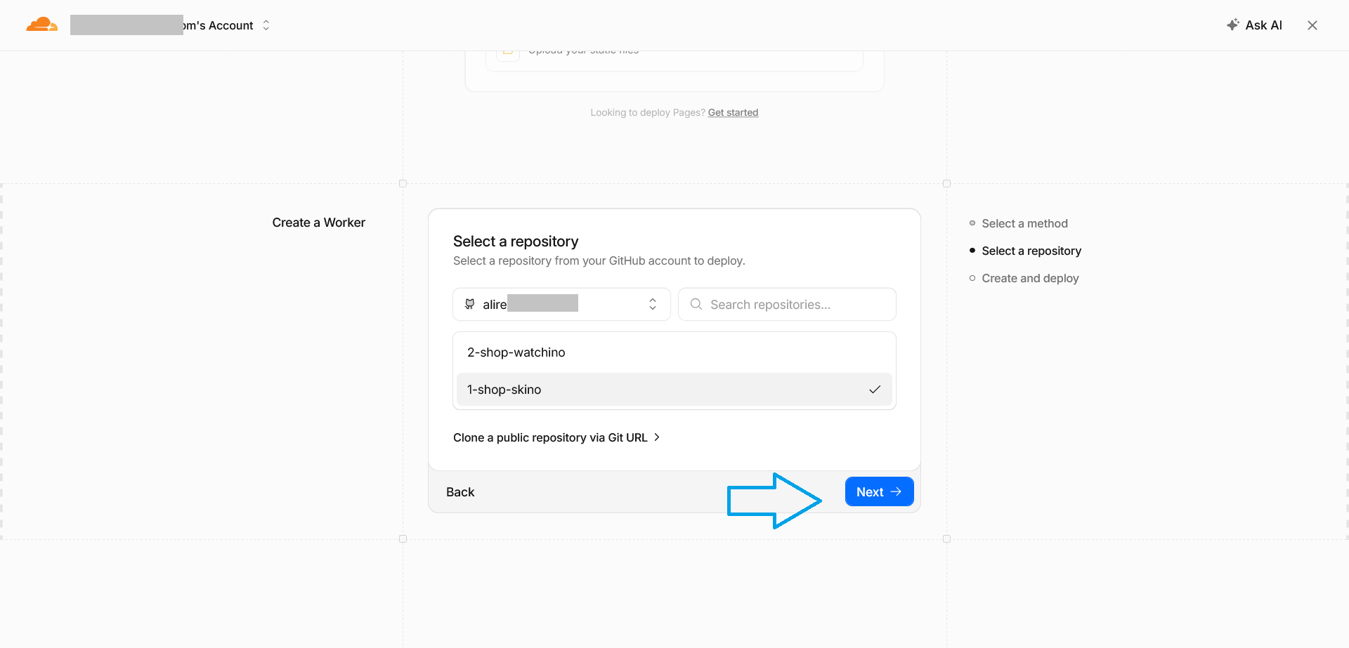 Cloudflare repository picker showing a connected GitHub account and repository.