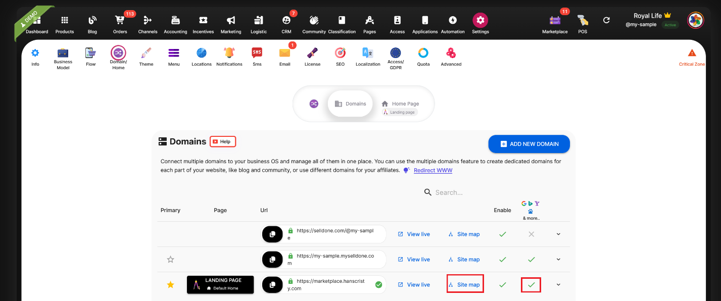 2. Find your sitemap in Selldone