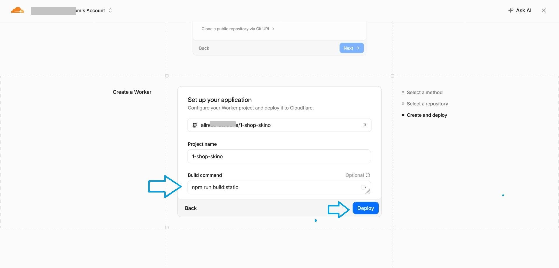 Cloudflare application setup form with the project name and build command fields.