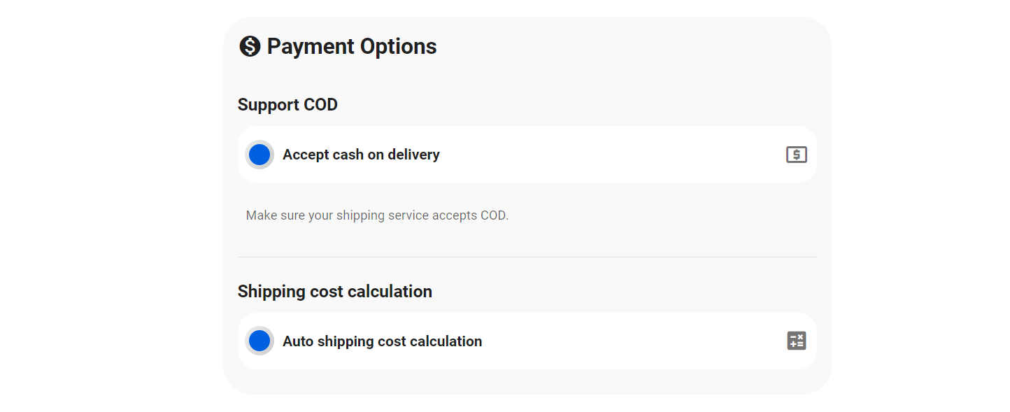 Shipping setup > Set payment options