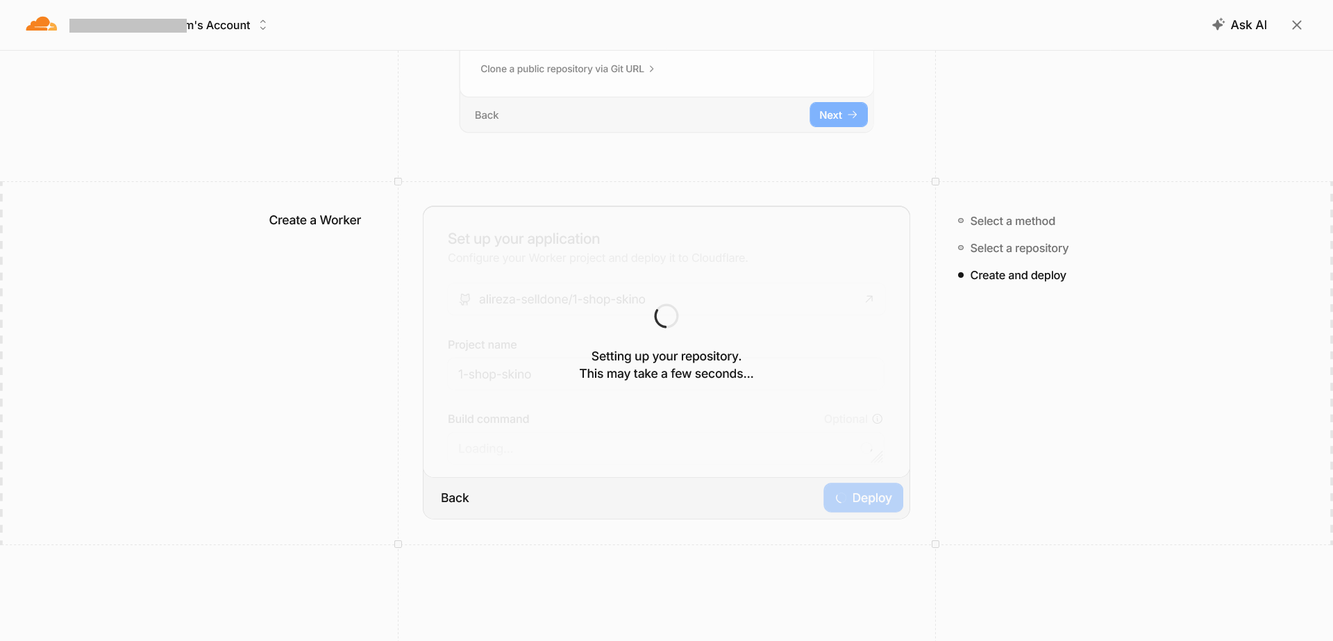 Cloudflare message saying that the repository is being set up.