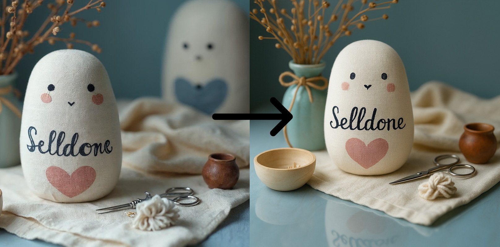 Sitting atop a reflective surface with realistic shadows, the product image feels grounded, sophisticated, and visually rich.