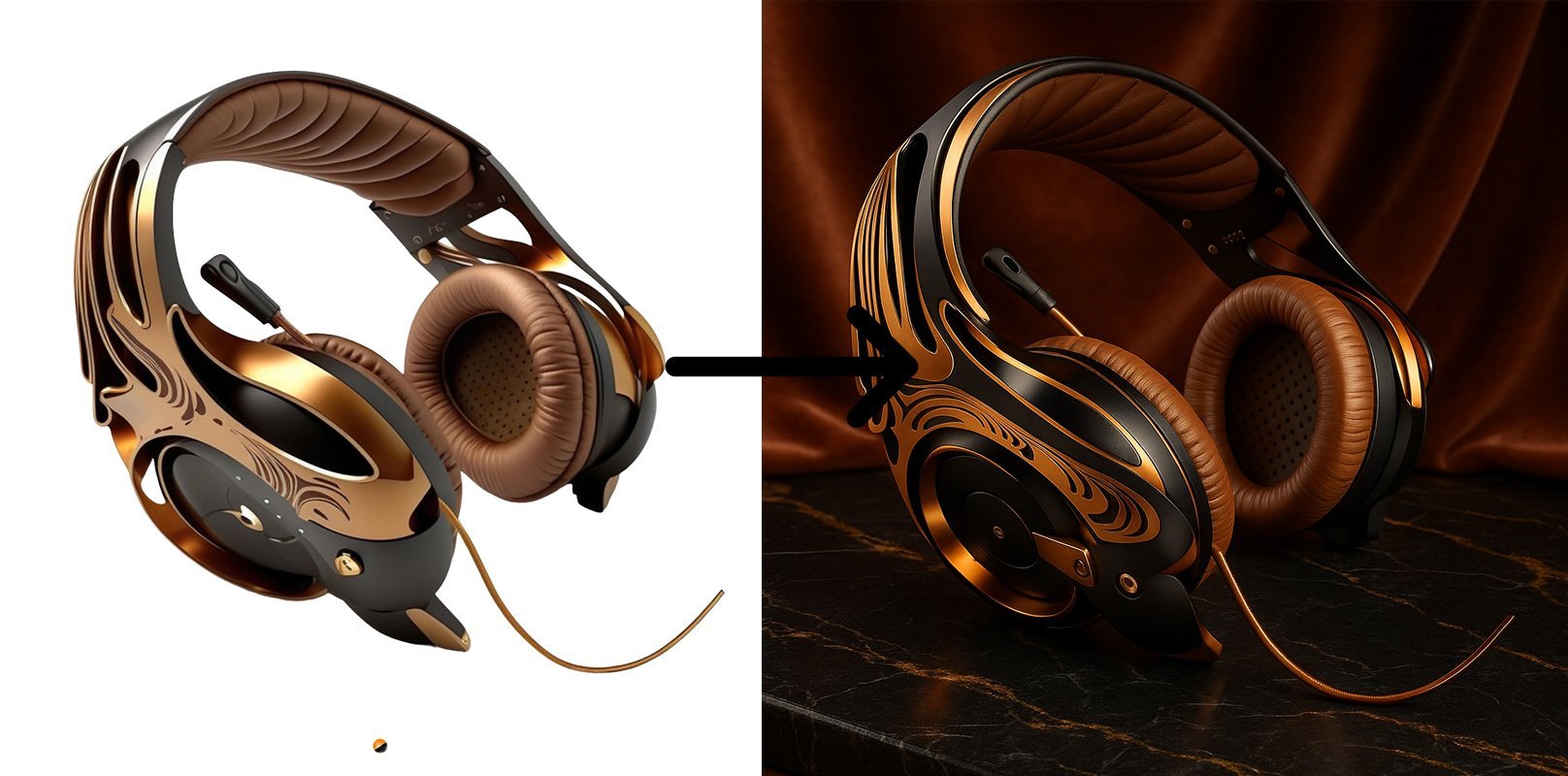 Displayed with a background of polished marble and velvet textures, the product exudes elegance and high-end appeal.