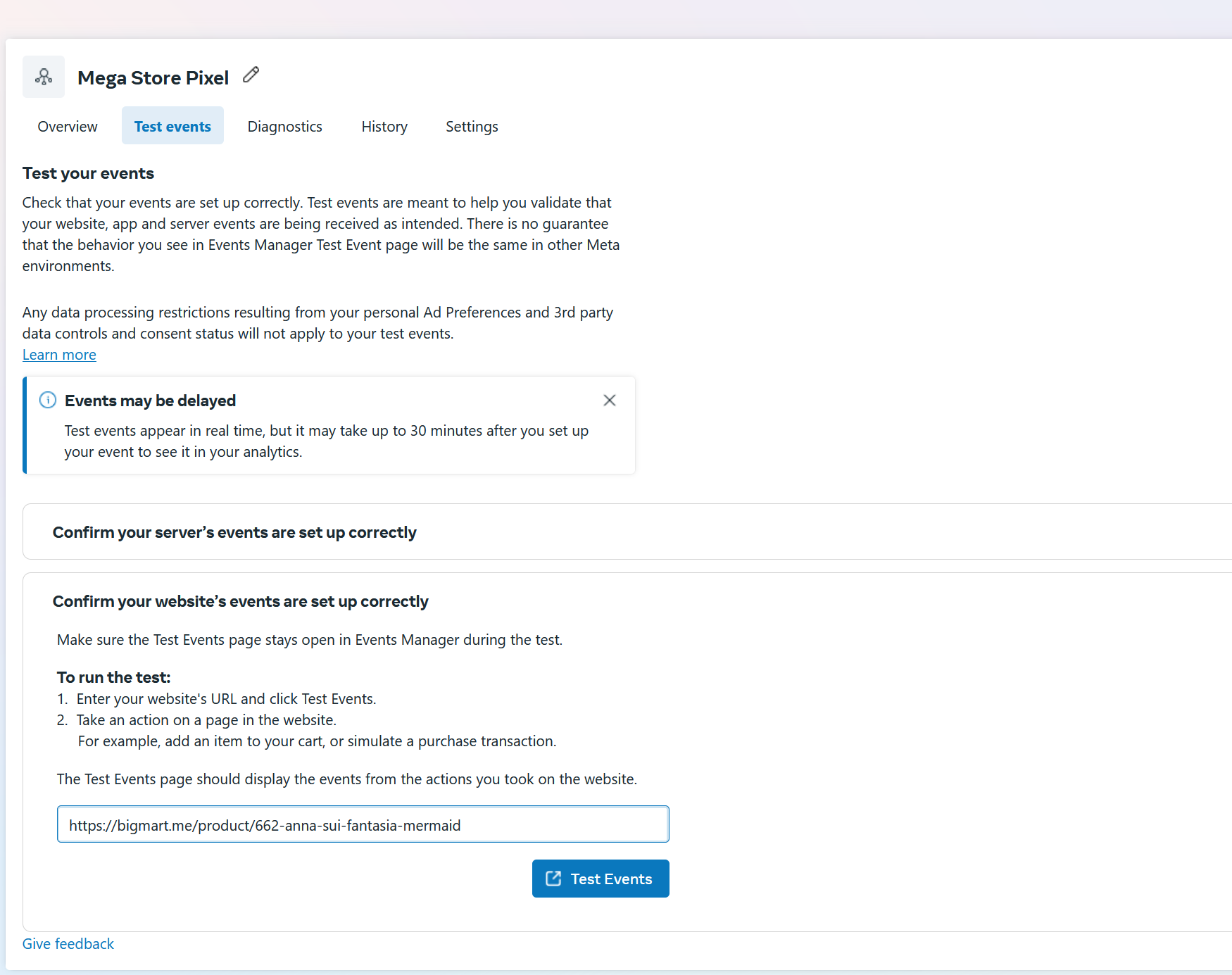 Facebook - Test Events Panel