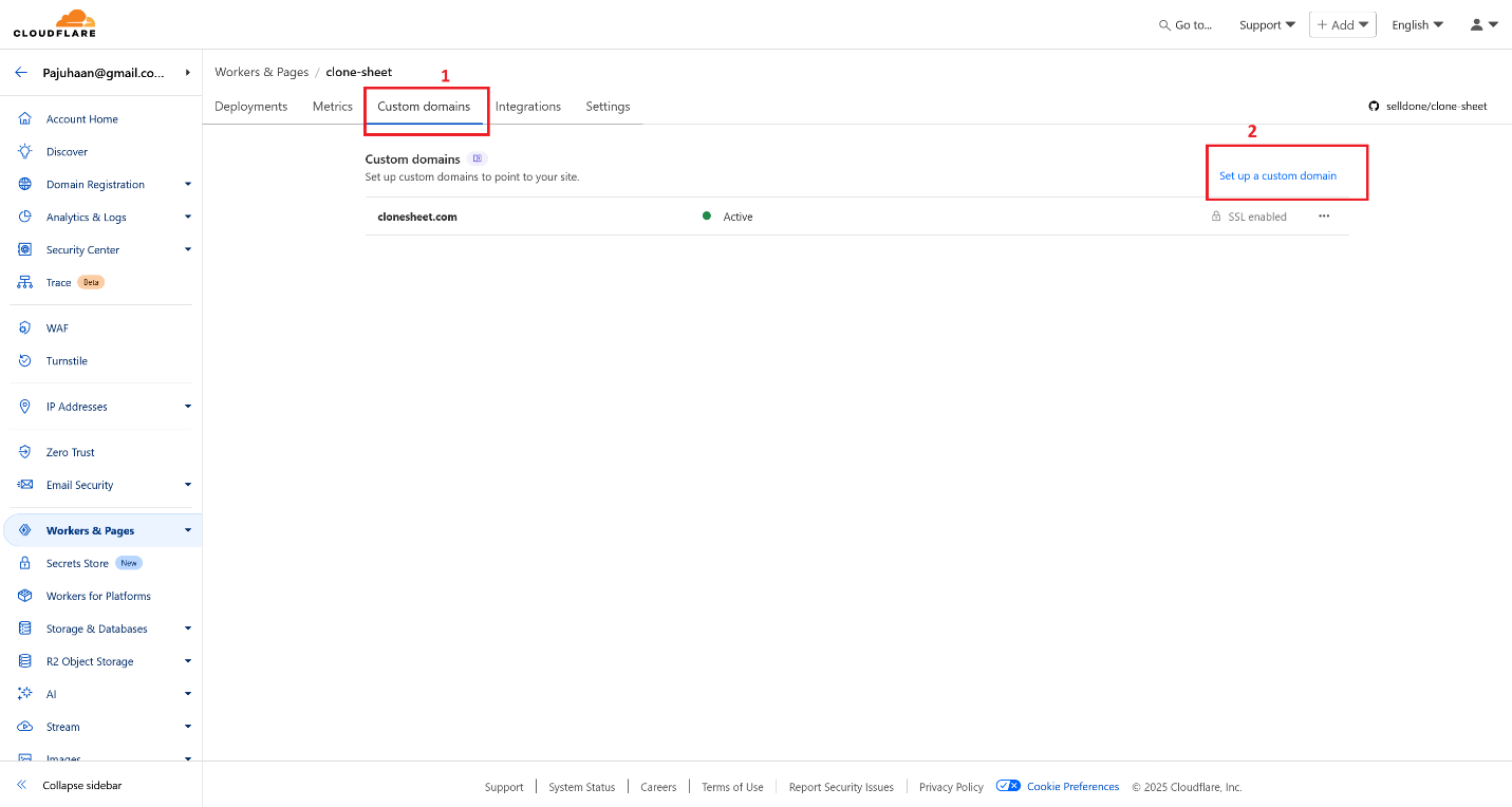 Setup screen for custom domains in Cloudflare