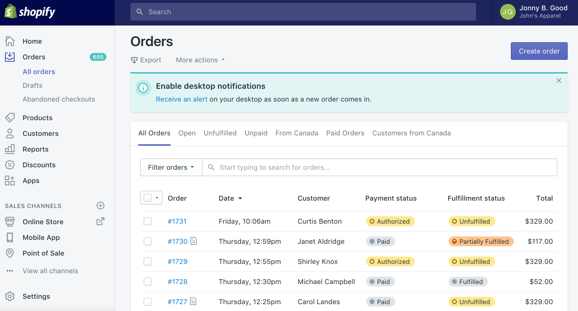 Shopify orders processing page