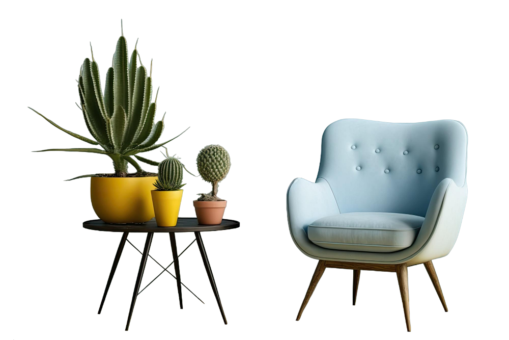 Mid-Century Modern Upholstered Armchair with Wooden Legs and Indoor Potted Cactus Collection