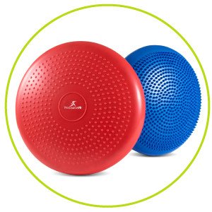 Challenge YourselfThe inflatable disc is dual-textured for a non-slip grip, and provides an uneven surface that challenges your body in new ways. The inflation amount can be adjusted for more or less sturdiness, depending on your workout needs. The textured surface prevents slipping, and the raised bumps on the bottom can provide a massaging effect for feet. You can also turn it over for a more stable base. Comes with a handy pump to make it easy to inflate and deflate for storage or travel.