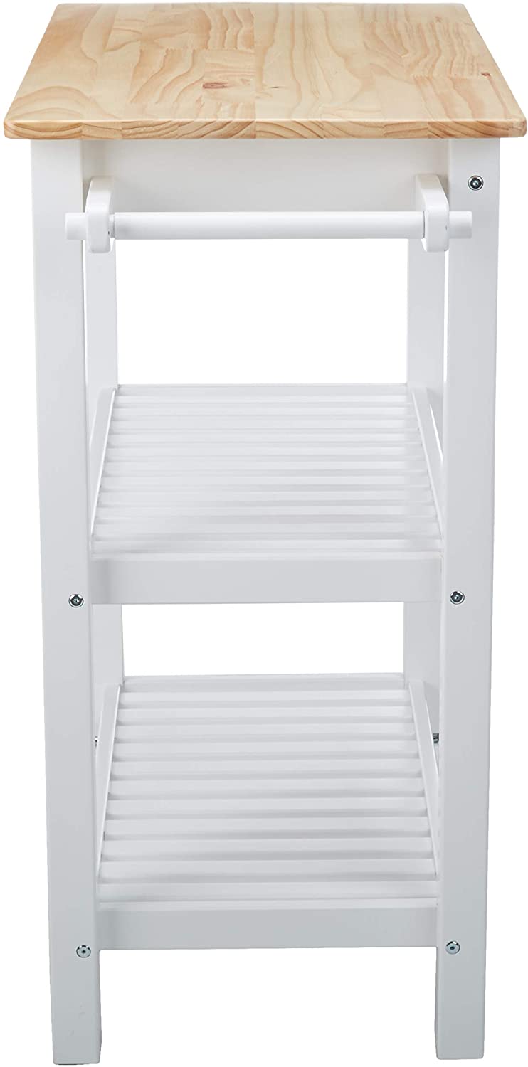 Two open slatted shelves and a pull-out drawer on the kitchen island