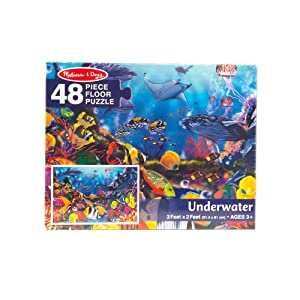 Underwater Floor Puzzle, Extra-Thick Cardboard Construction, Beautiful Original Artwork, 48 Pieces, 2′ × 3′Beautiful original artwork depicts a realistic ocean floor with stingrays, sharks, colorful fish, dolphins, and orcas.