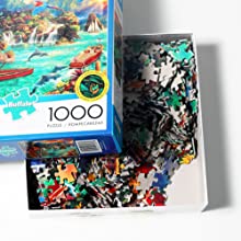 Less Puzzle DustUsing premium quality recycled cardboard, handcrafted cutting dies, and proprietary manufacturing processes make for minimal puzzle dust in the box.