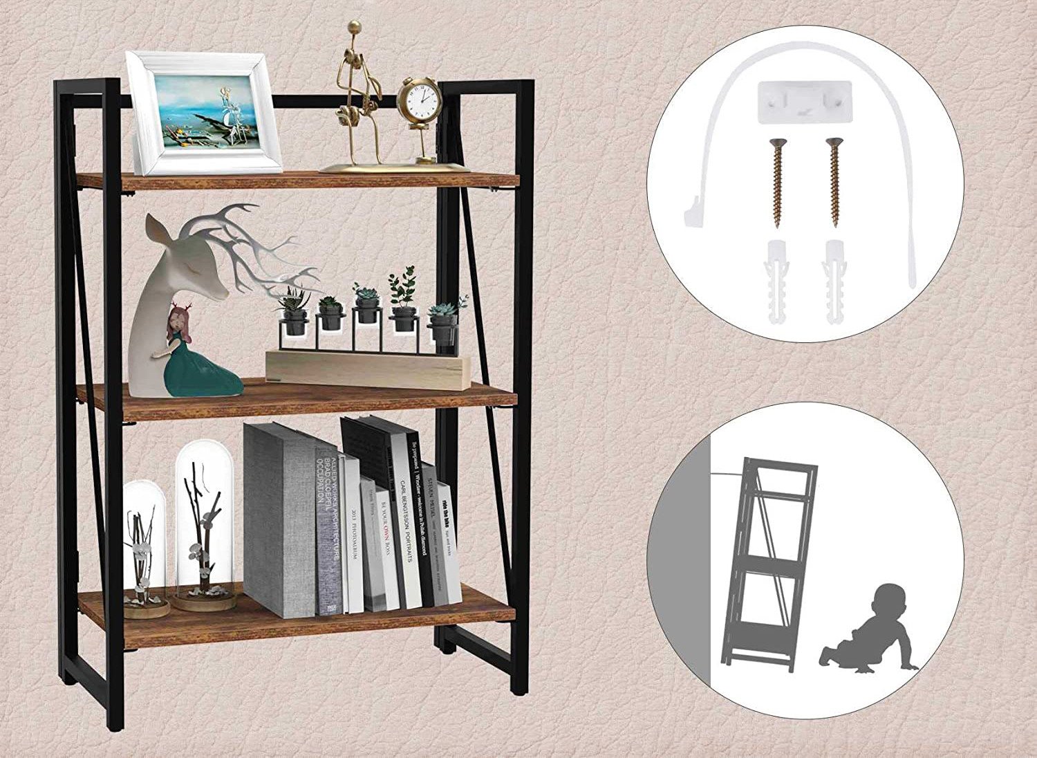 Open bookshelf with iron metal frame, the structure is extremely solid, strong,