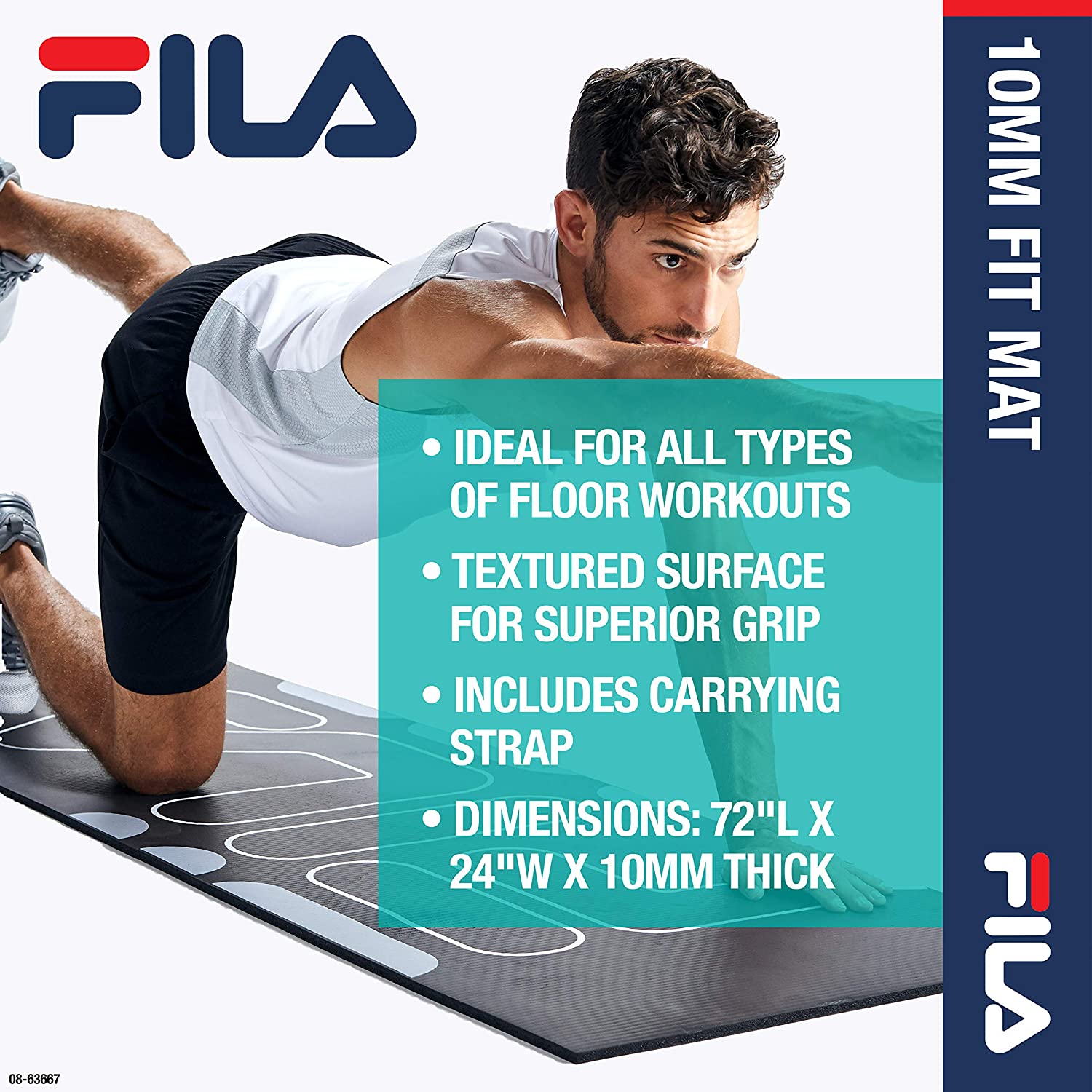 Workout mat features 10mm of cushioning to help alleviate pressure on your joints and provides extra relief on the knees and elbows in floor poses (planks, push ups, downward dog, etc. ).Yoga mat is constructed with a textured grippe surfaces to help with slipping and added grip.72"L x 24"W x 10mm Thick / 3lbs