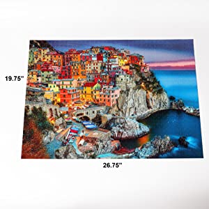 Finished FootprintThe finished size of a Buffalo Games 1,000 piece puzzle is 26.75 x 19.75 inches.