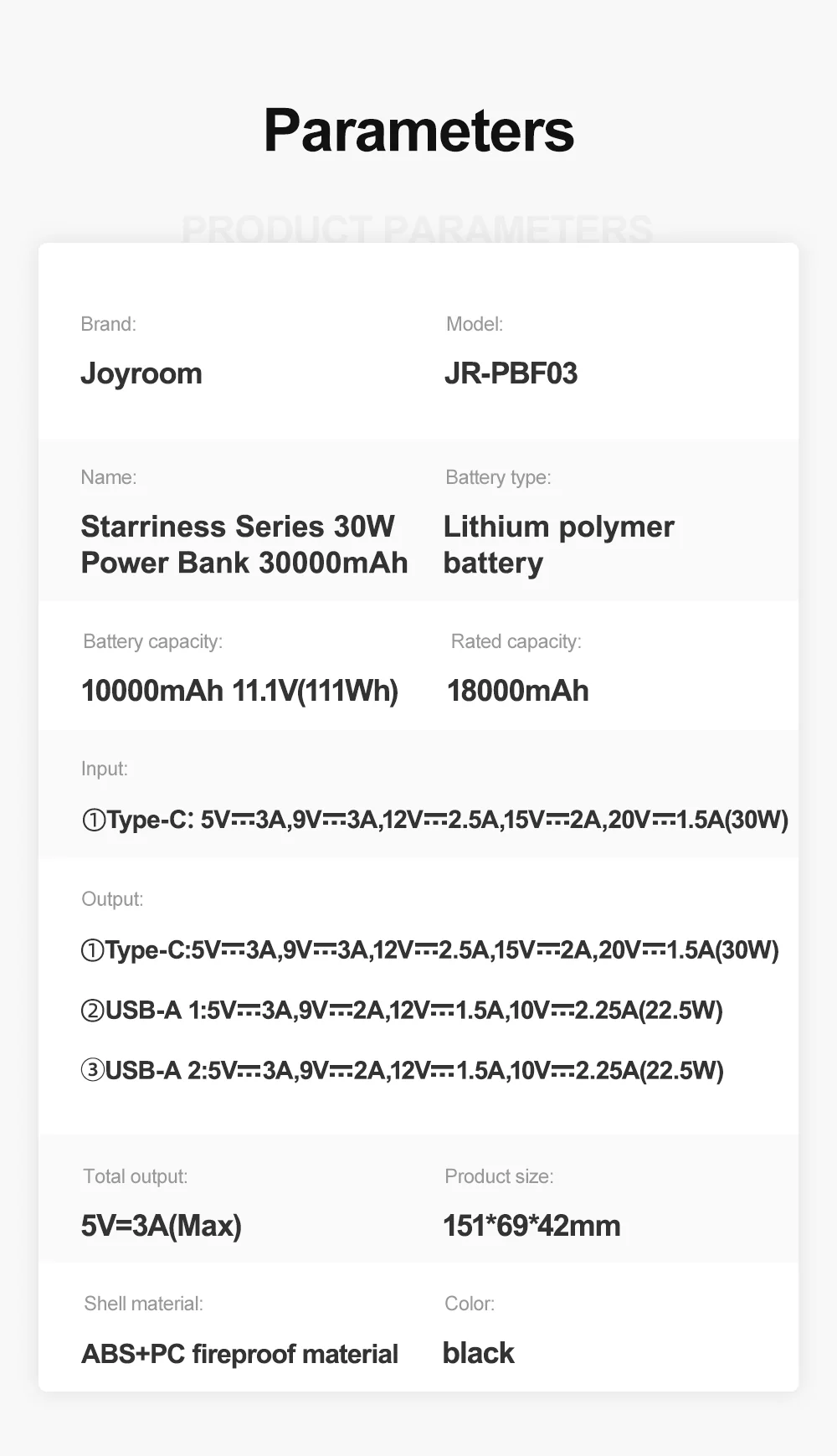 Model: JR-PBF03Battery: Polymer Lithium BatteryCapacity: 30000mAh 3.7V (111Wh)Rated Capacity: 18…