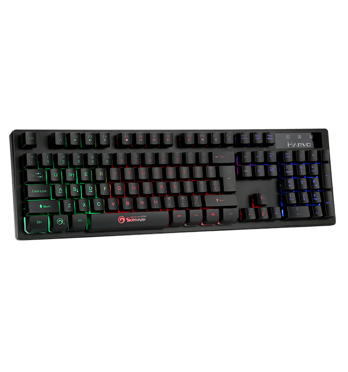 
 	ANTI-GHOSTING SUPPORT: 26 KEYS ROLLOVER
 	5 PROGRAMMABLE GAMING KEYS, MACRO SUPPORT (NO DRIVER REQUIRED)
 	3 MODE KEYS FOR PROFILE STORAGE AND SELECTION
 	6 MULTIMEDIA KEYS
 	SWAP FUNCTIONS BETWEEN WASD AND ARROW KEYS
 	RAINBOW TYPE BACKLIGHT SYSTEM
 	WIDE EDGE PALM REST
