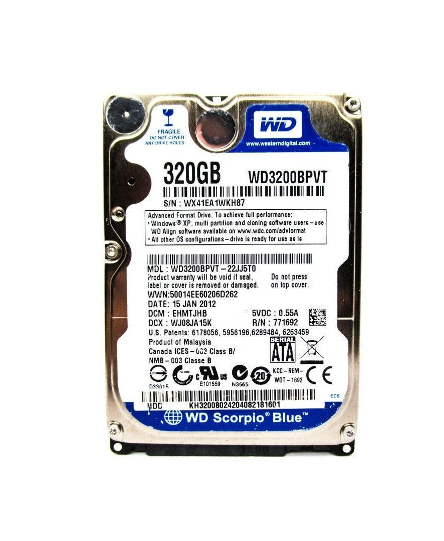 
 	Western Digital Hard Drive
 	Western Digital WD3200BPVT
 	WESTERN DIGITAL WD3200BPVT Scorpio Blue 320GB 5400 RPM 8MB cache SATA 3.0Gb/s 2.5 internal notebook hard drive (Bare Drive)
