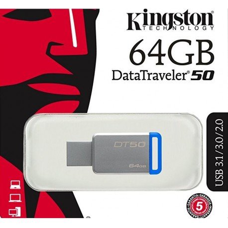 DataTraveler® 50 is a lightweight USB Flash drive available in capacities from 8GB to 128GB1. The drive’s compact, capless design features a metal casing that complements any compatible device and colourful accents that range by drive capacity. Backward compatible with existing USB 2.0 ports for convenience, this USB 3.1 Gen 1 (USB 3.0)2 drive ensures easy data transfer between devices. DT 50 is backed by a five-year warranty, free technical support and legendary Kingston® reliability.