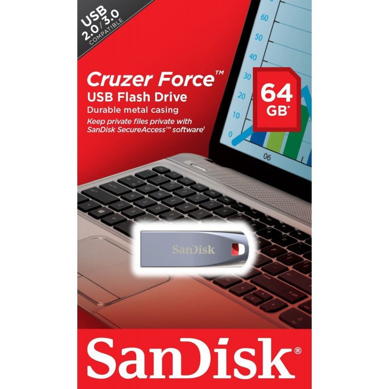 With the Cruzer Force USB flash drive, you'll get large storage capacities within a distinctive, stylish design. This USB flash drive features a durable metal casing that provides a dash of style. This secure, reliable flash drive can store even large files, including high-resolution images and HD video.