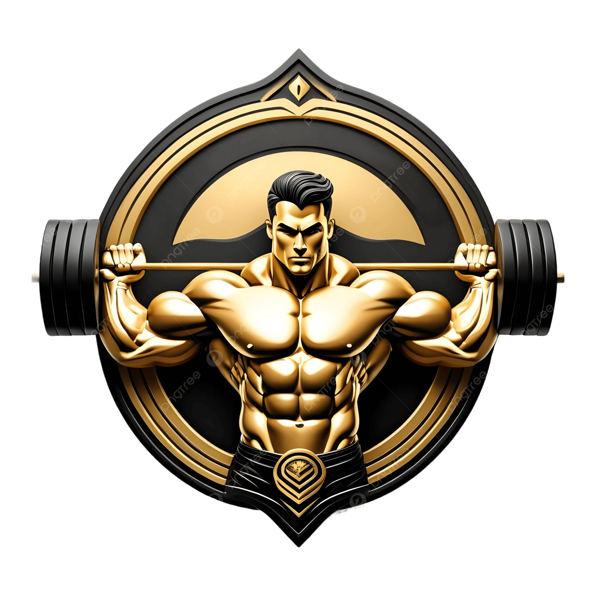 Gold Muscular Man Weightlifting Logo Badge with Barbell