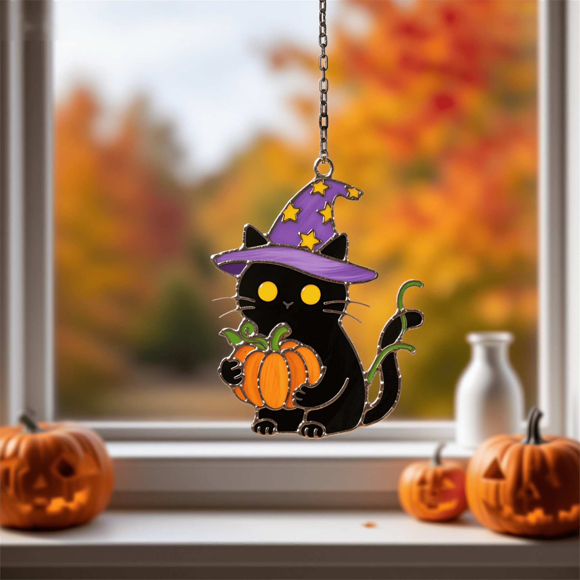 🧙‍♀️🎃🐾 A Playful Halloween Accent: My Stained Glass Cat & Pumpkin Ornament 🐈‍⬛✨🌙