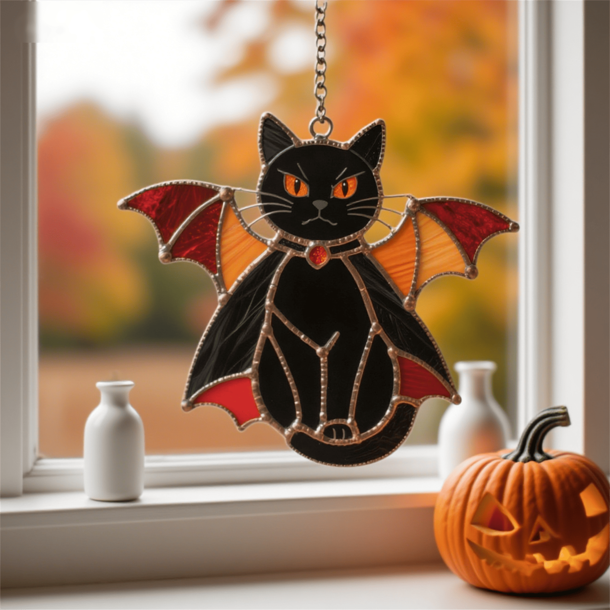 🐈‍⬛🦇🎃 A Striking Stained Glass Find: The Black Cat & Bat Ornament ✨🌙