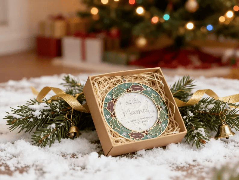 Celebrate Love & Christmas: Personalized “Our First Christmas Married” Stained Glass Ornament