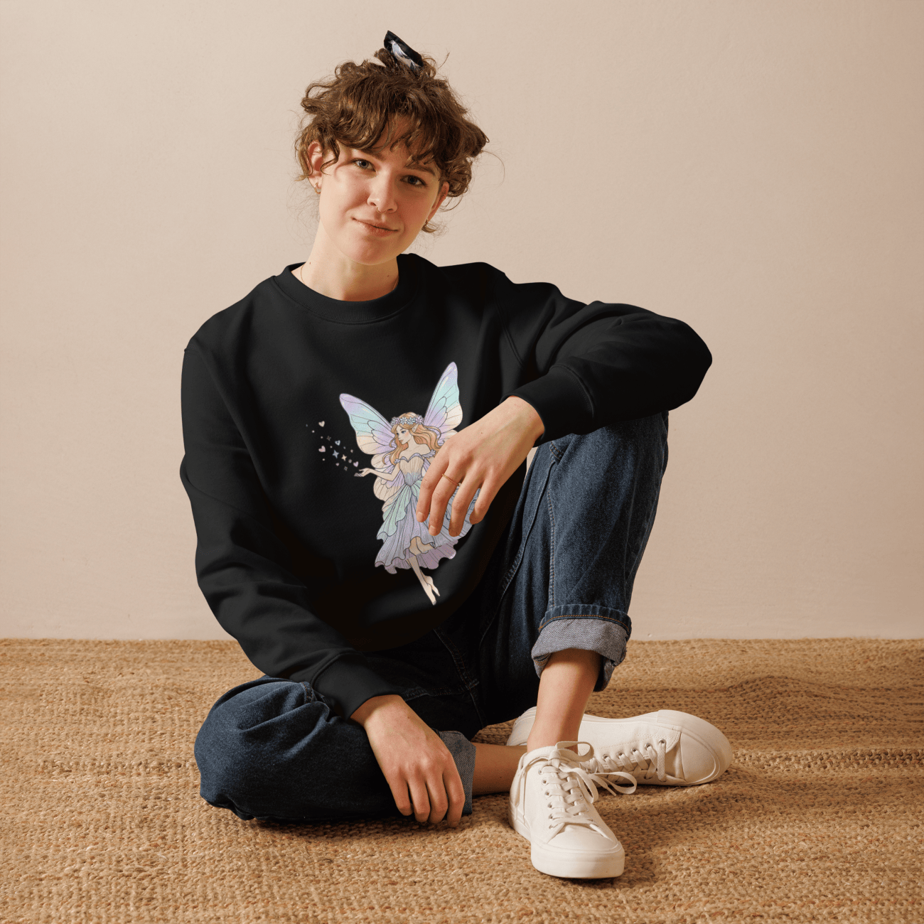 Pastel Fairy Women's Eco Sweatshirt – Magical Fairy Graphic Crewneck, Cottagecore Fantasy Sweatshirt, Organic Cotton Pullover