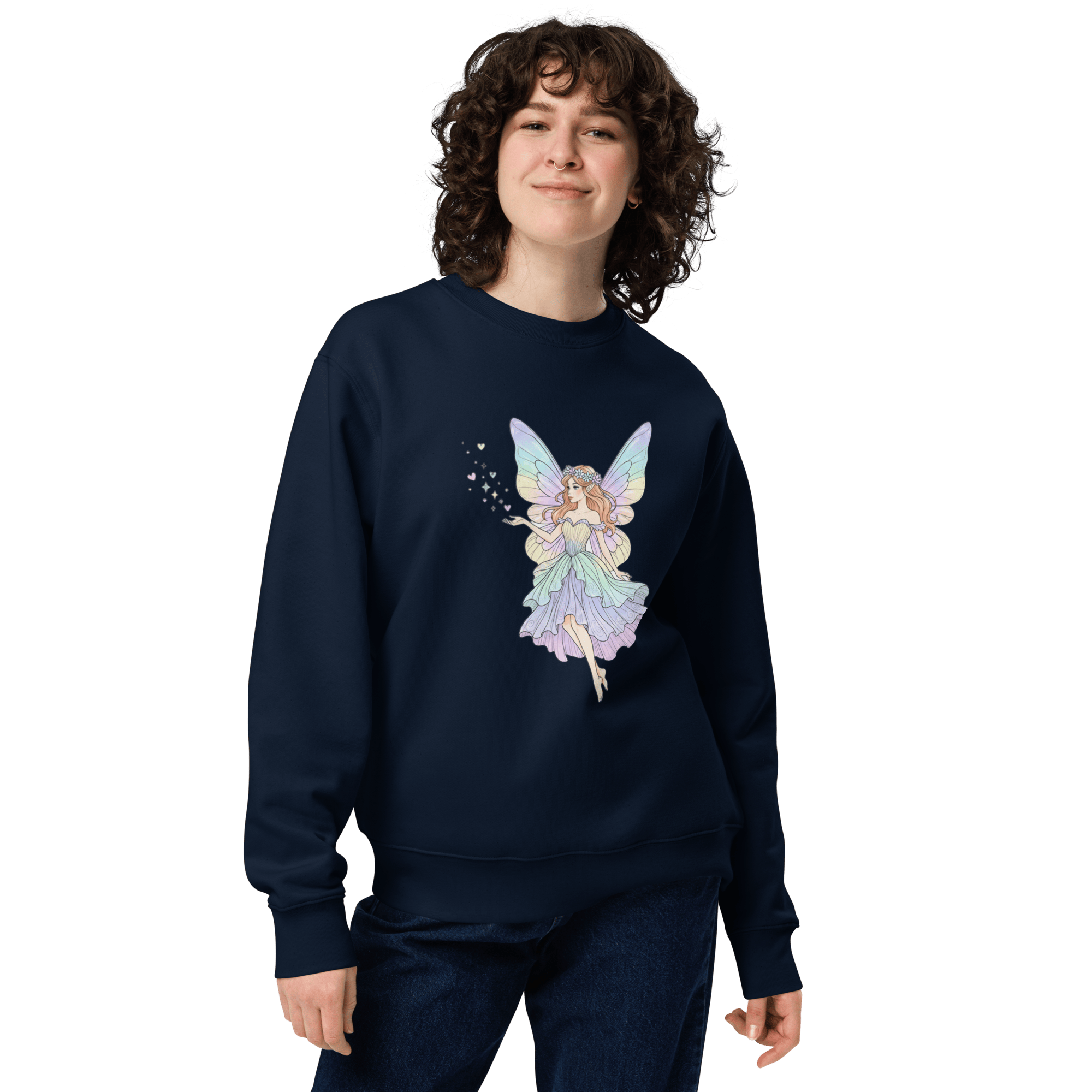 Pastel Fairy Women's Eco Sweatshirt – Magical Fairy Graphic Crewneck, Cottagecore Fantasy Sweatshirt, Organic Cotton Pullover
