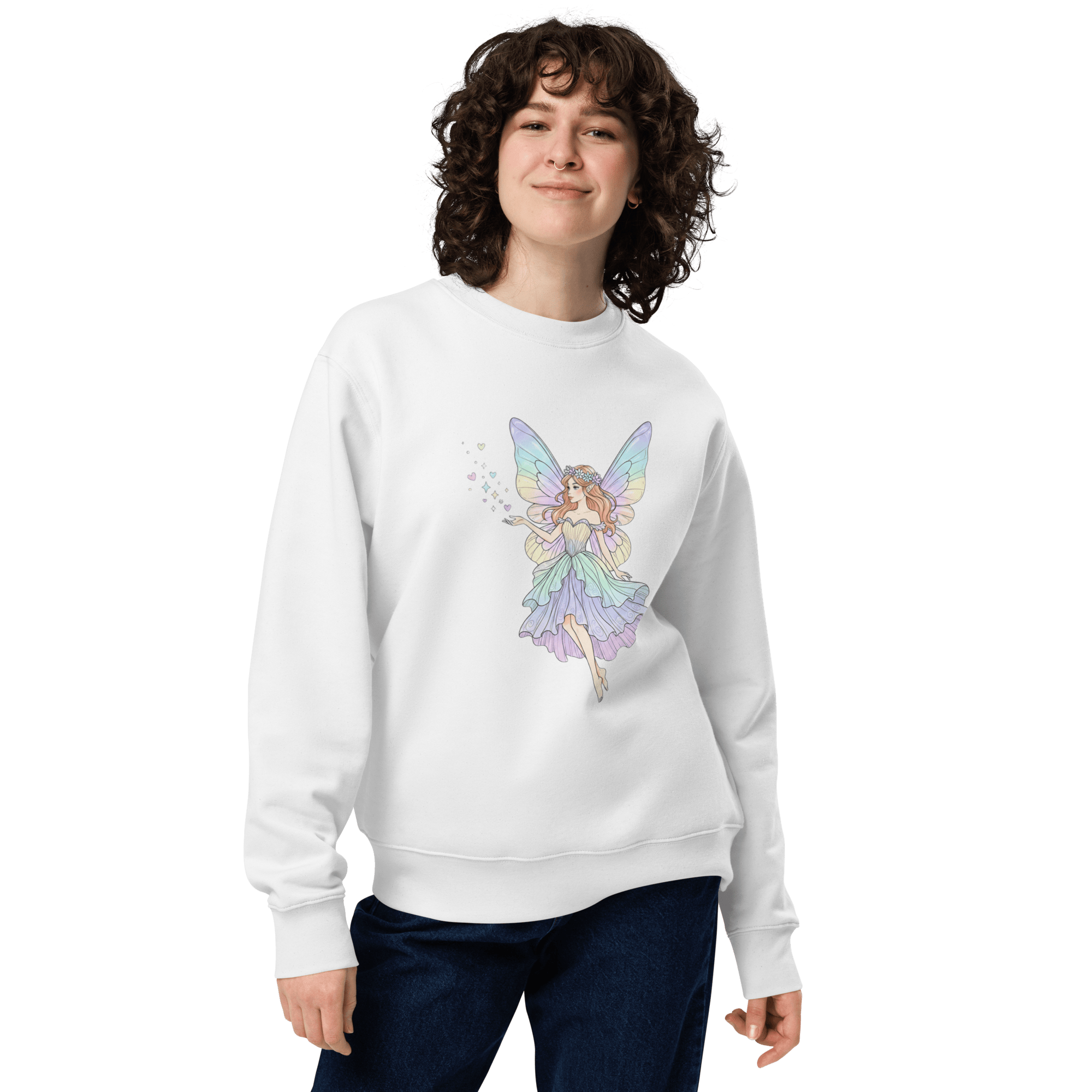 Pastel Fairy Women's Eco Sweatshirt – Magical Fairy Graphic Crewneck, Cottagecore Fantasy Sweatshirt, Organic Cotton Pullover