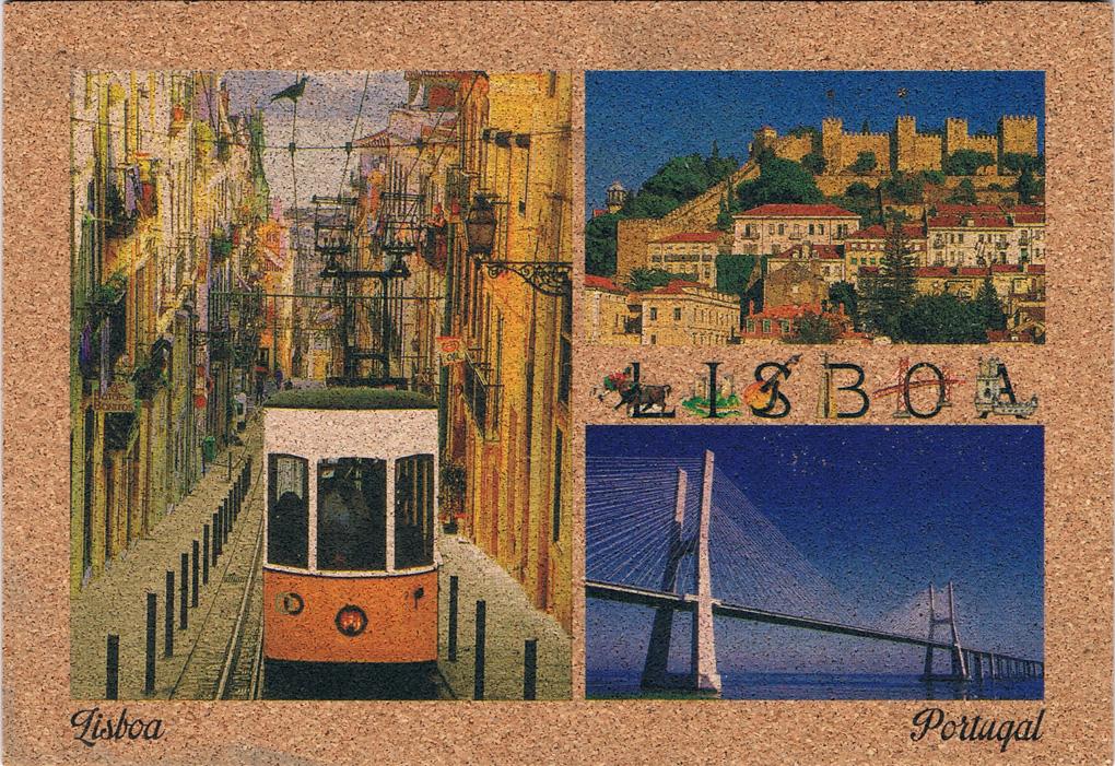Lisbon Tram, São Jorge Castle & Vasco da Gama Bridge Cork Postcard