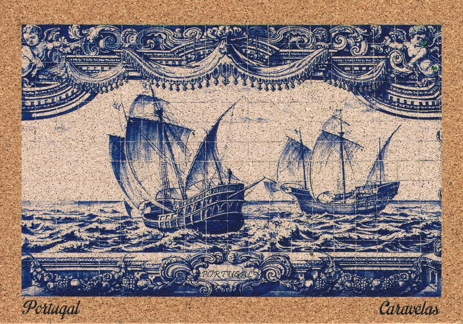 Two Portuguese Sailing Ships Blue Azulejo Cork Postcard