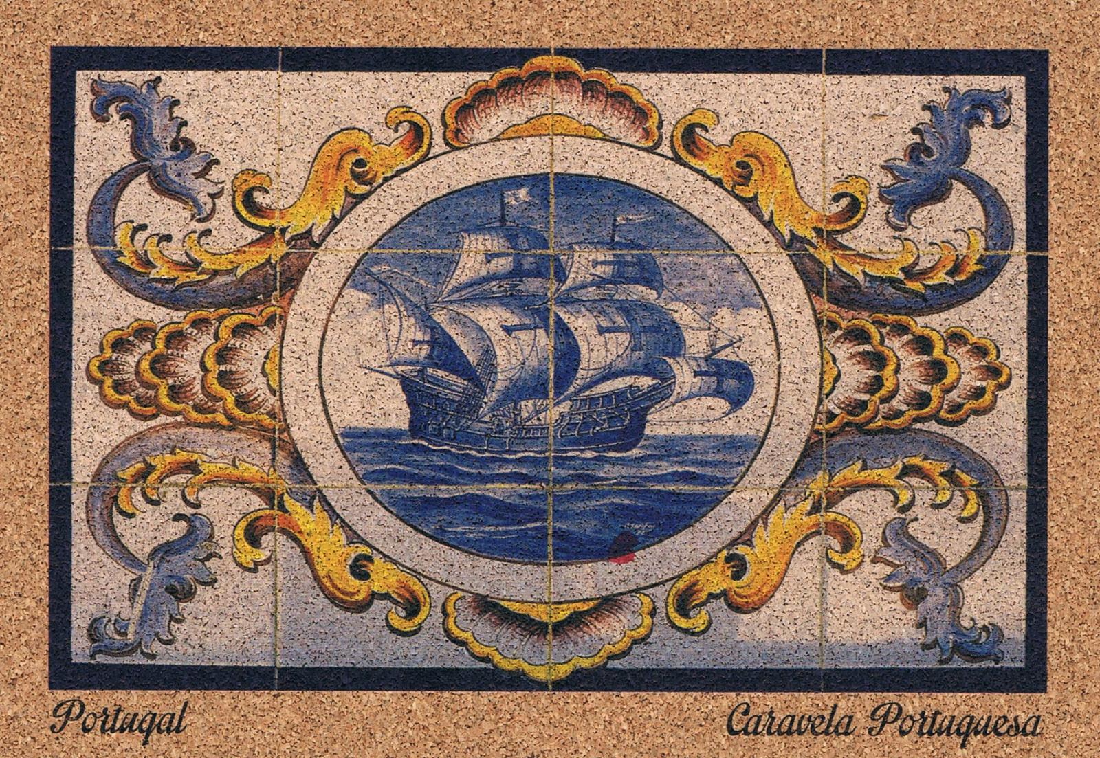 Portuguese Sailing Ship in Ornate Blue Azulejo Panel Cork Postcard