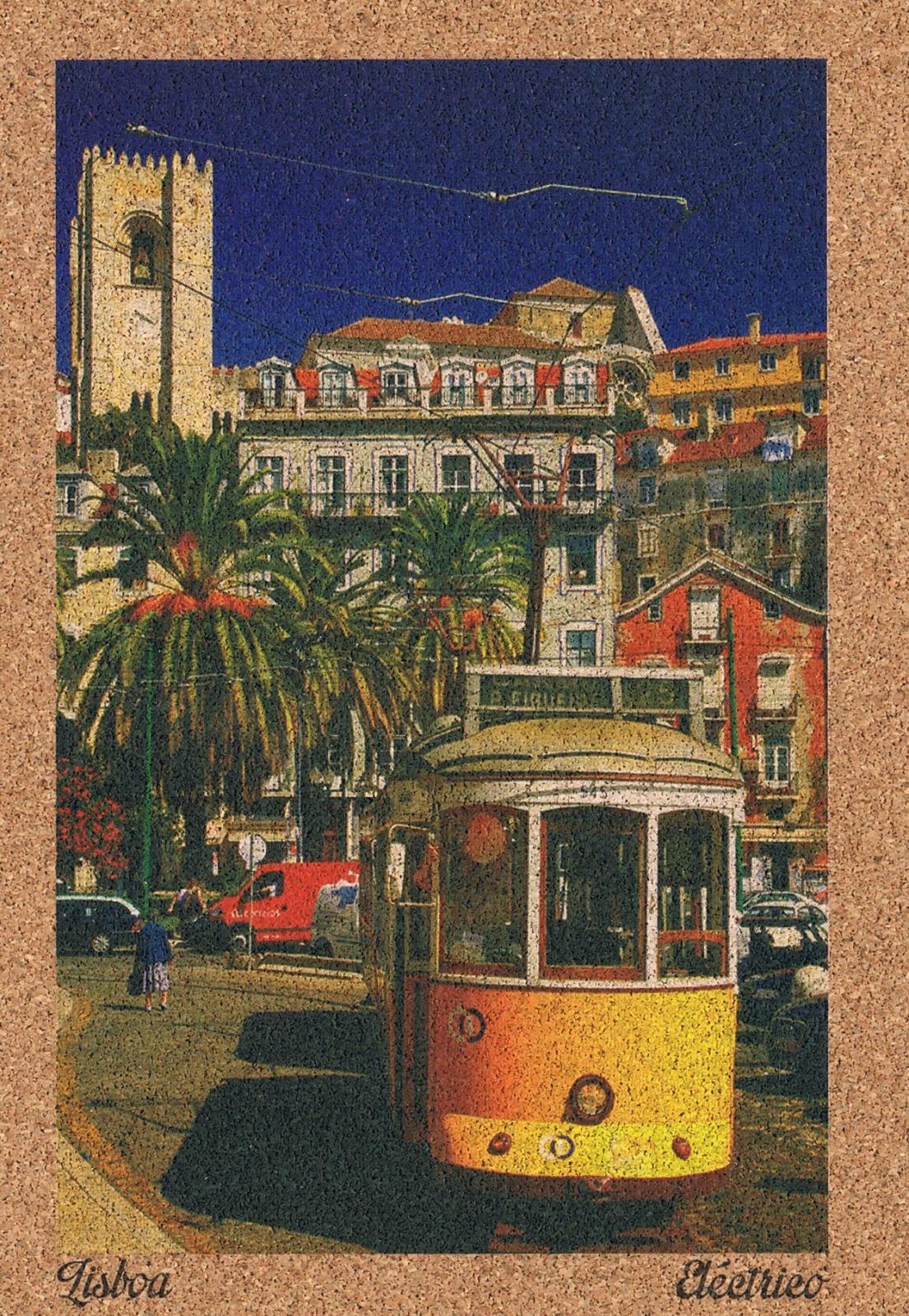 Yellow Lisbon Tram in a Palm-Lined Historic Square Cork Postcard