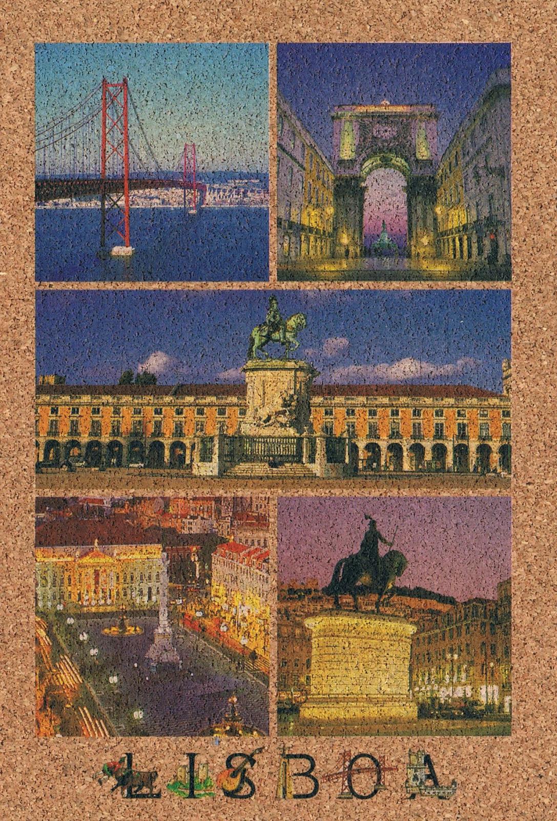 25 de Abril Bridge and Lisbon Squares Cork Postcard
