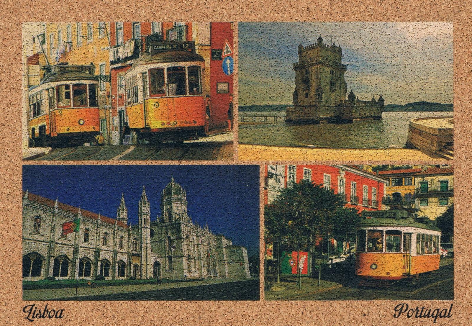 Lisbon Trams, Belém Tower and Jerónimos Cork Postcard
