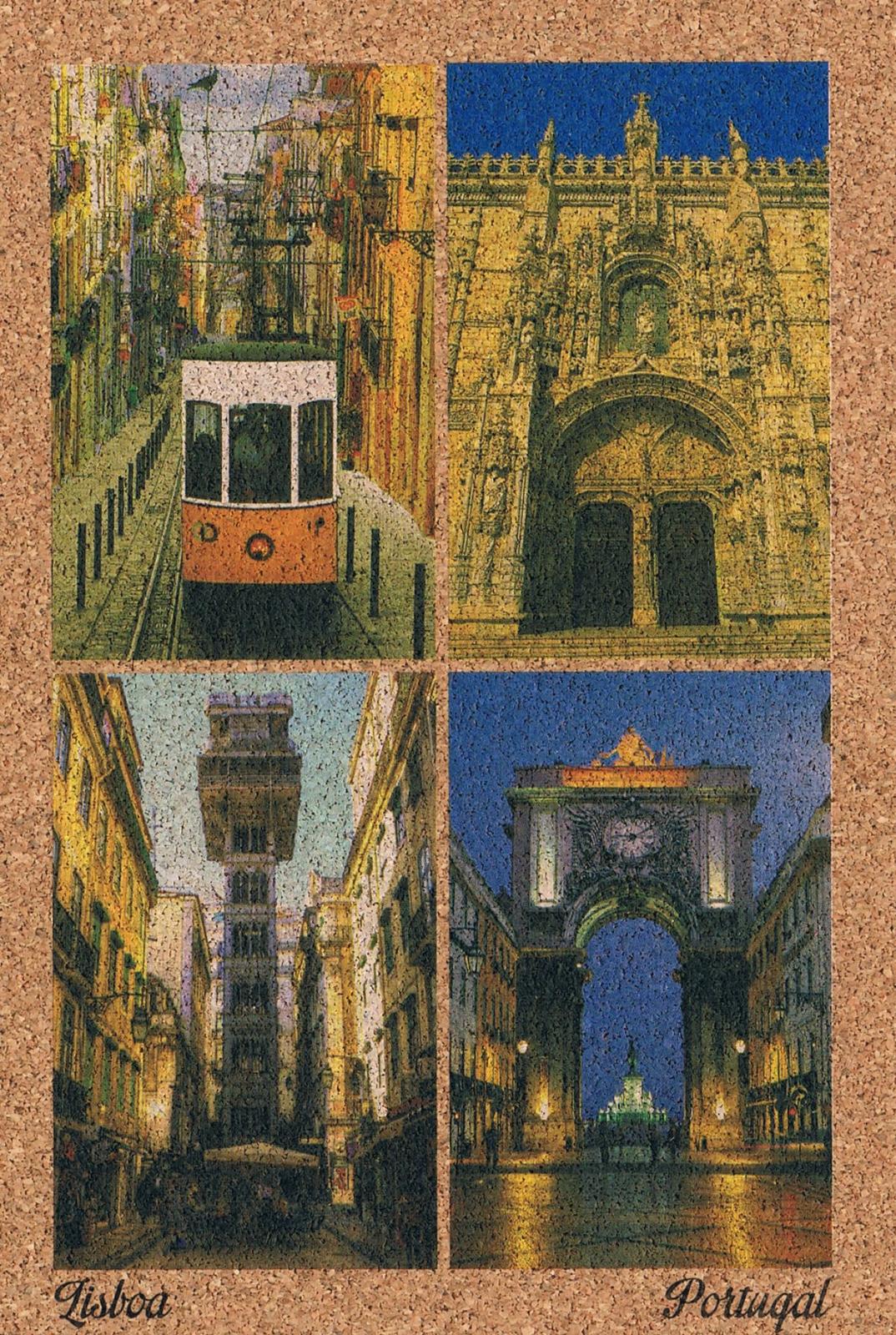 Lisbon Santa Justa Lift, Tram and Historic Arches Cork Postcard